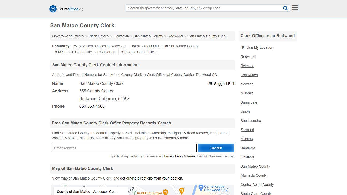 San Mateo County Clerk - Redwood, CA (Address and Phone)